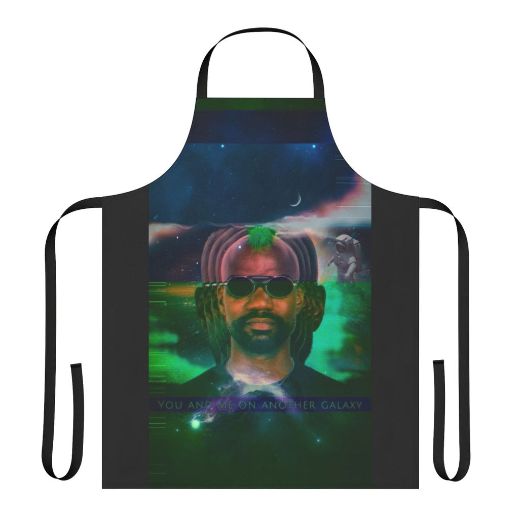 Green velvet apron with a galaxy design, perfect for electronic dance music and house music fans.