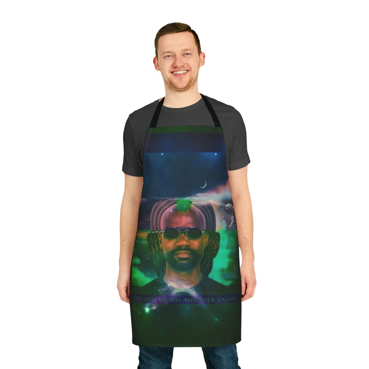 Green velvet apron with a galaxy design, perfect for electronic dance music and house music fans.