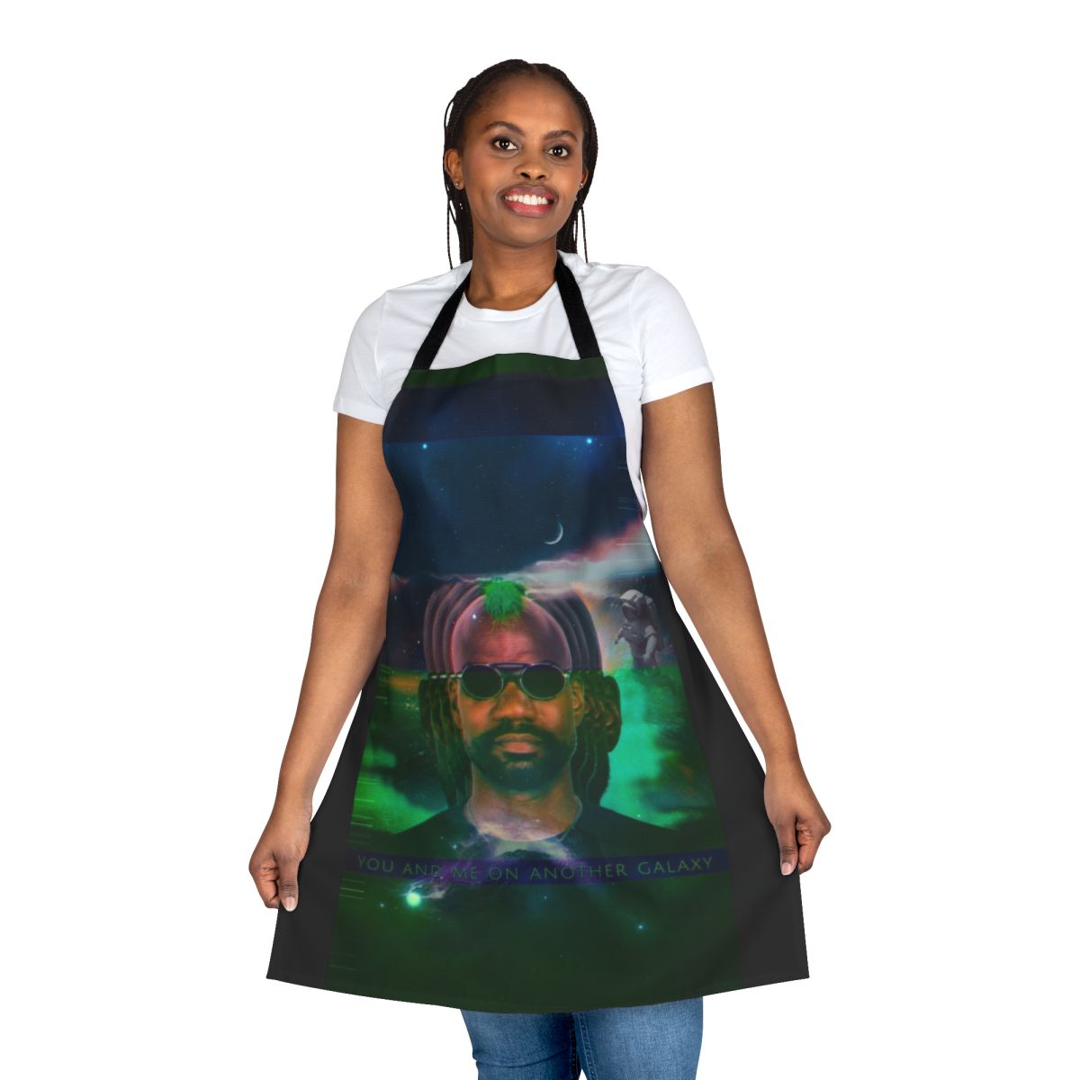 Green velvet apron with a galaxy design, perfect for electronic dance music and house music fans.