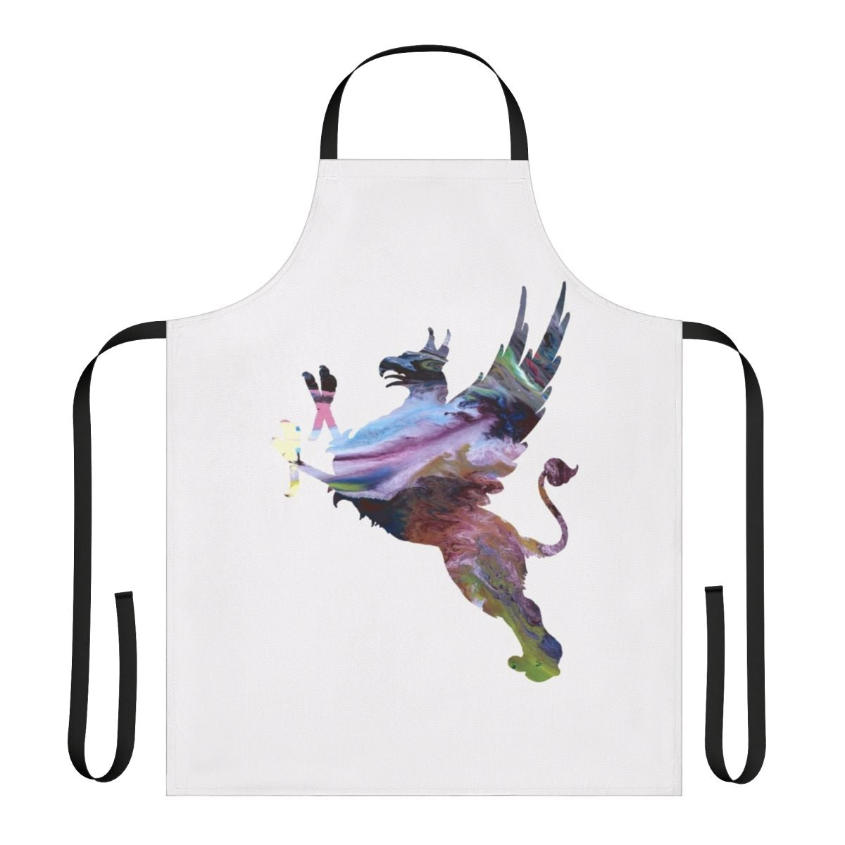 Colorful abstract watercolor silhouette of a gryphon on an apron