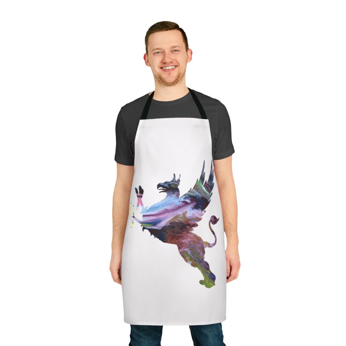 Colorful abstract watercolor silhouette of a gryphon on an apron