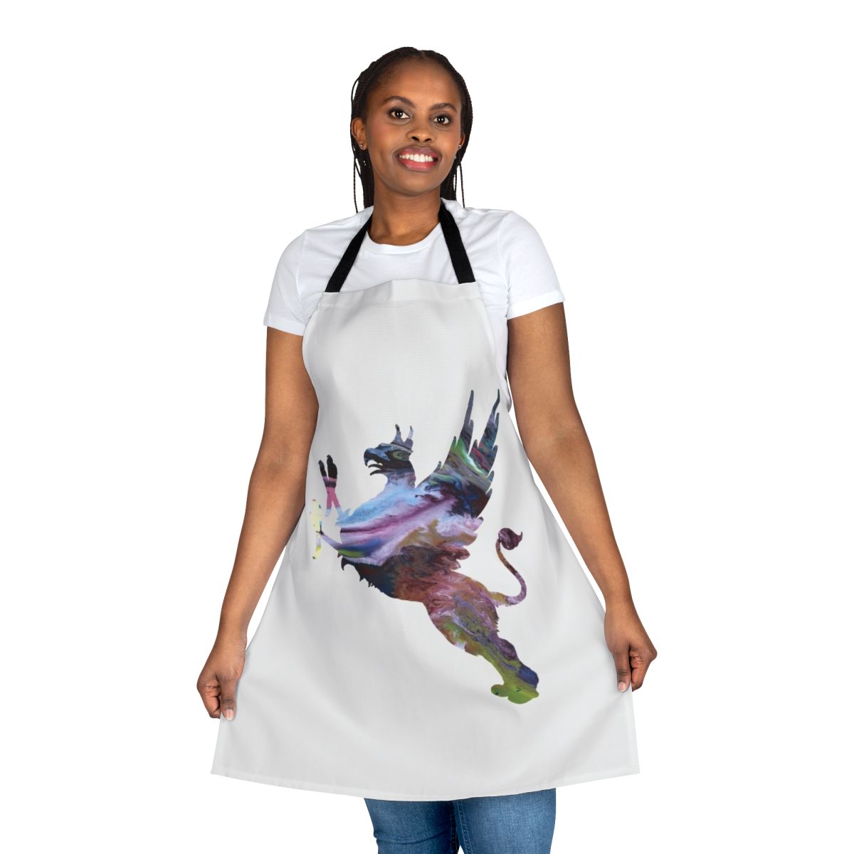 Colorful abstract watercolor silhouette of a gryphon on an apron