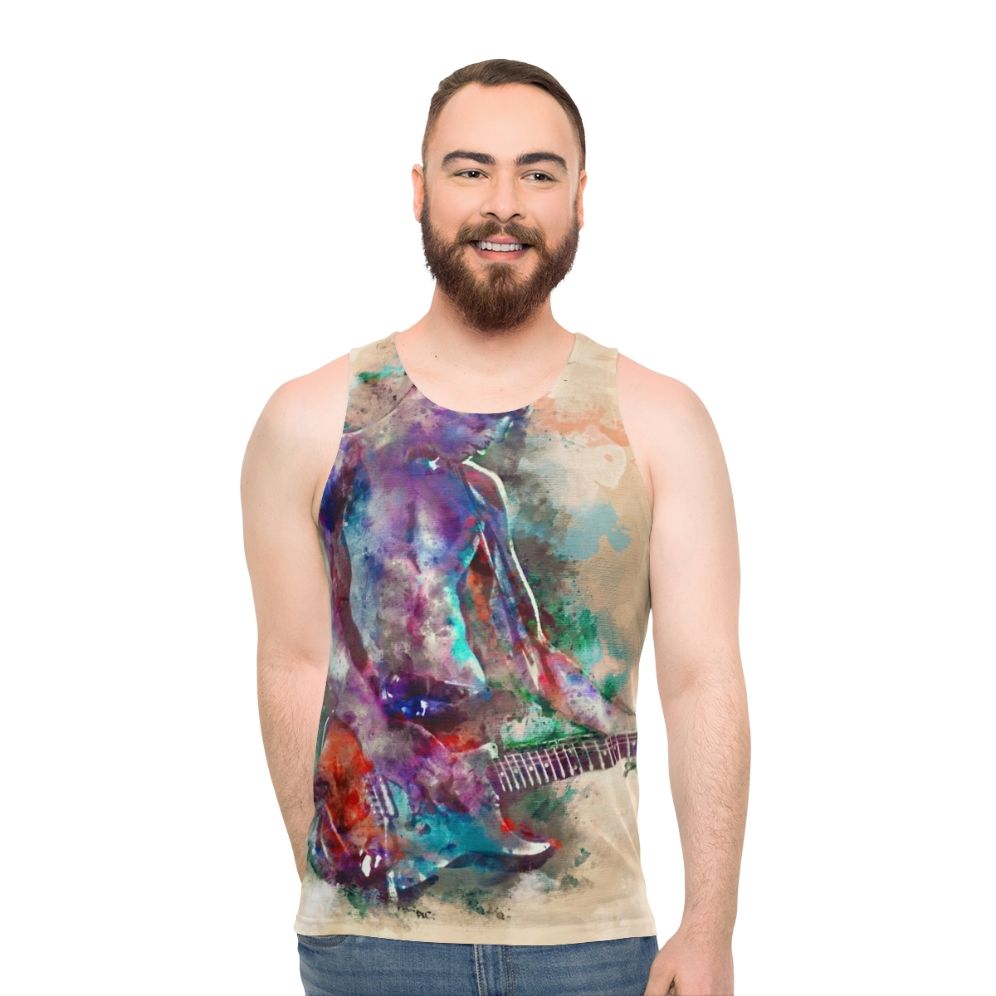 Vibrant guitar boy unisex tank top with watercolor art design
