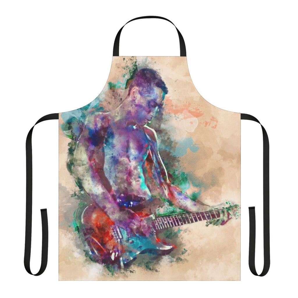 Colorful watercolor-style graphic of a guitar on a blue, purple, and red apron