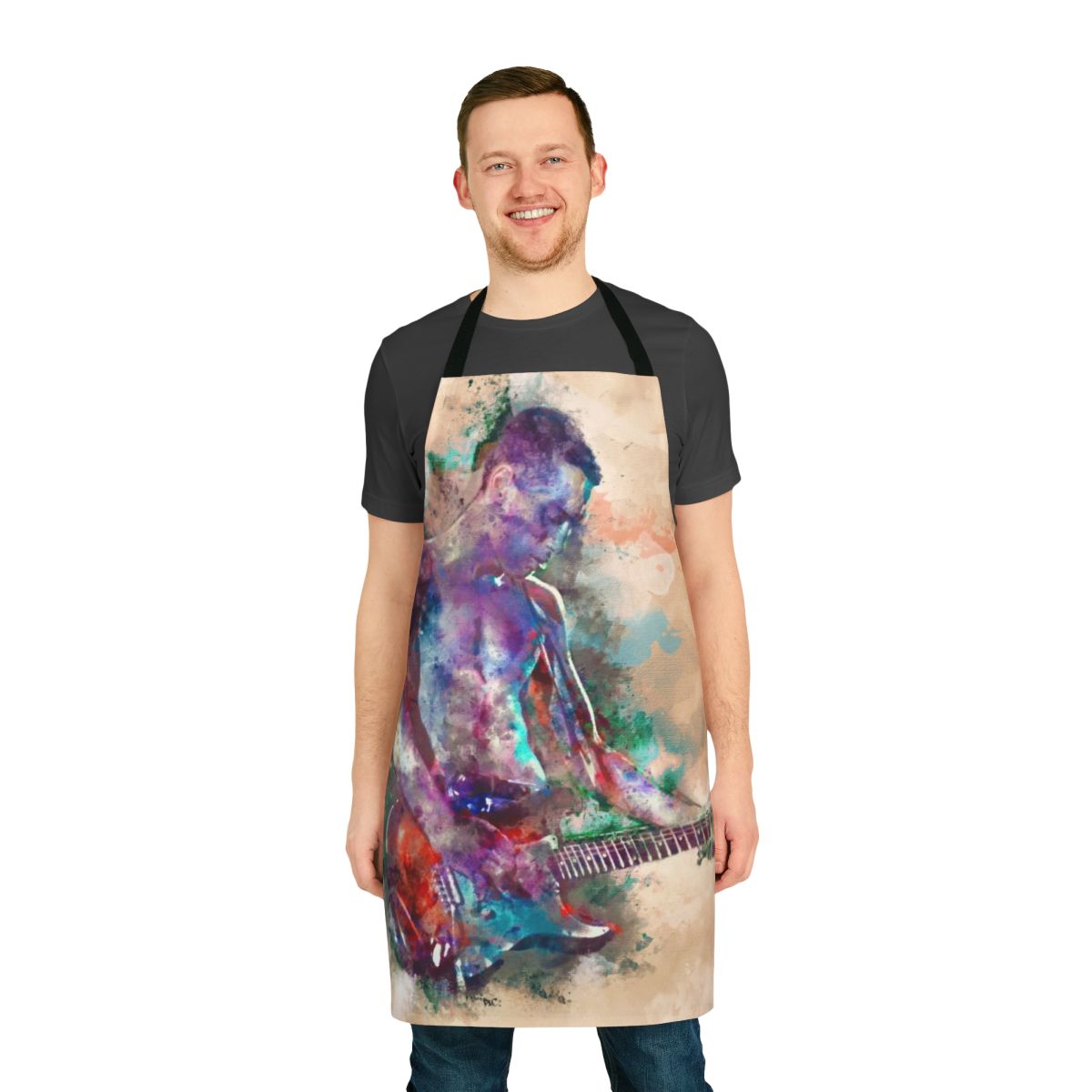 Colorful watercolor-style graphic of a guitar on a blue, purple, and red apron