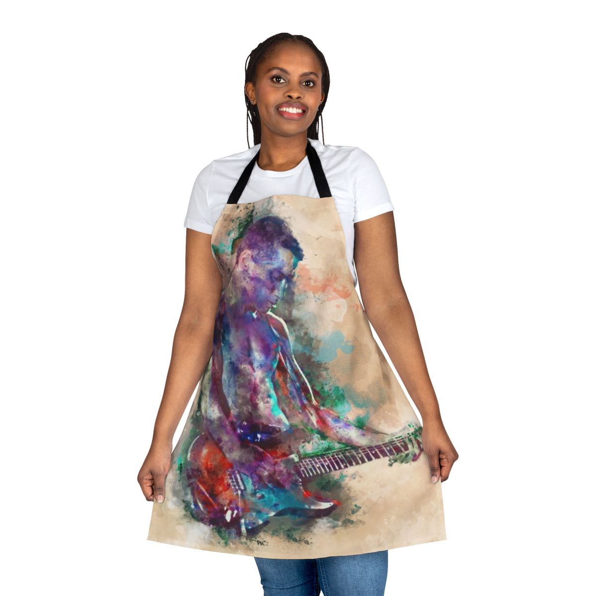 Colorful watercolor-style graphic of a guitar on a blue, purple, and red apron