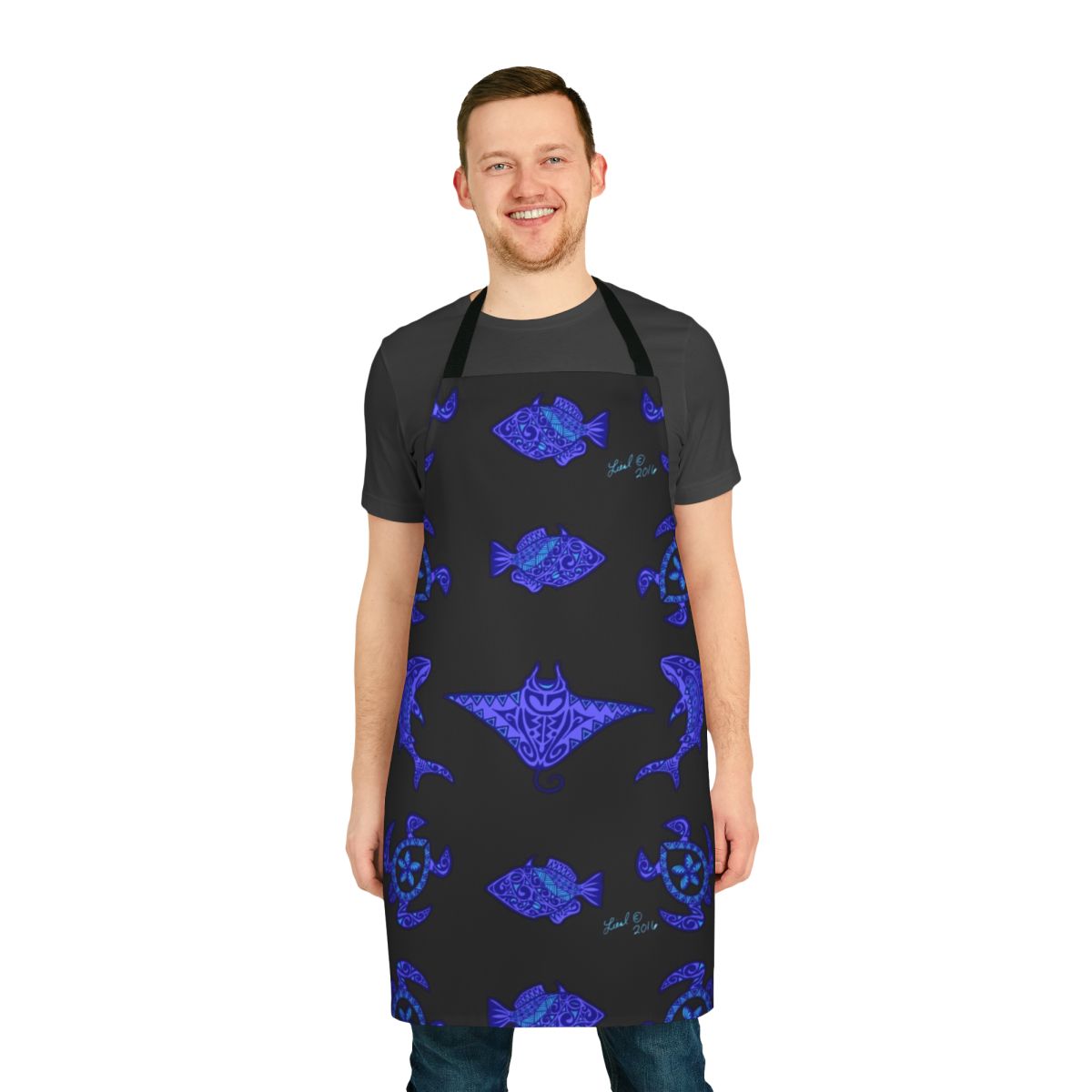 Colorful apron featuring tropical Hawaiian wildlife and patterns