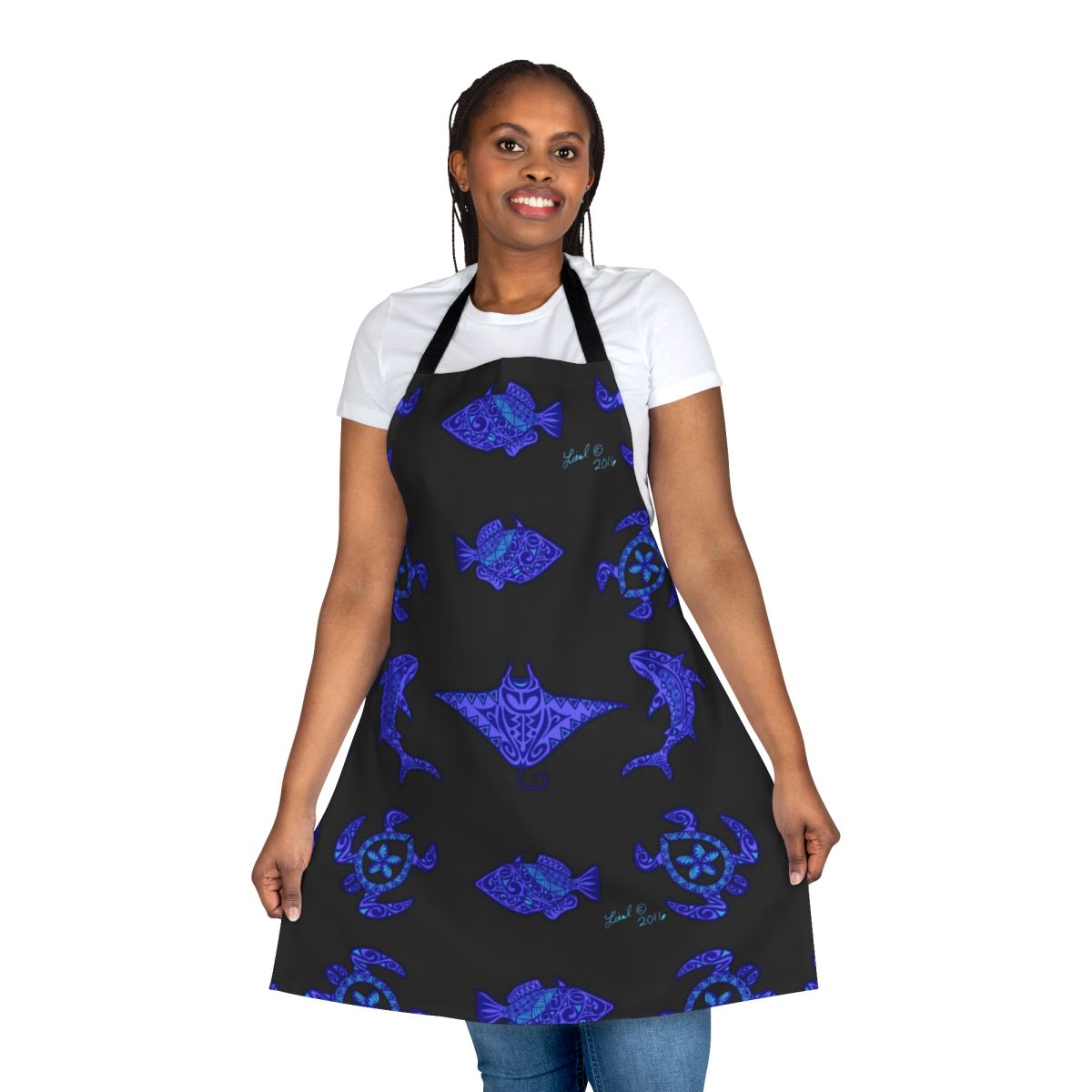Colorful apron featuring tropical Hawaiian wildlife and patterns