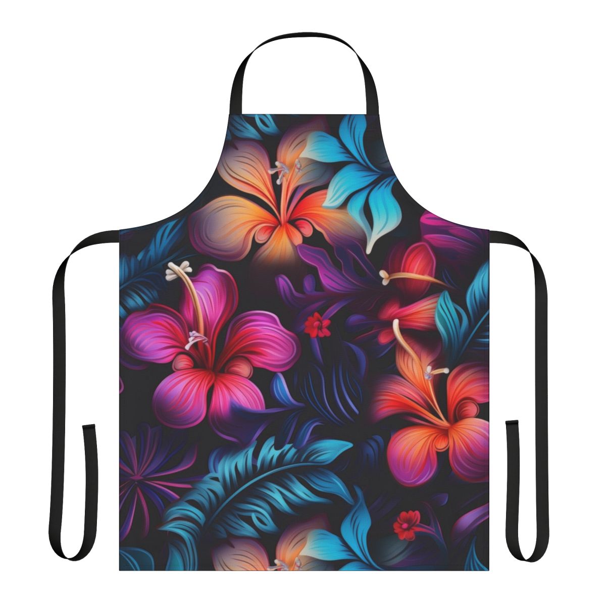 Colorful floral and bioluminescent pattern apron for a tropical vacation or beach house