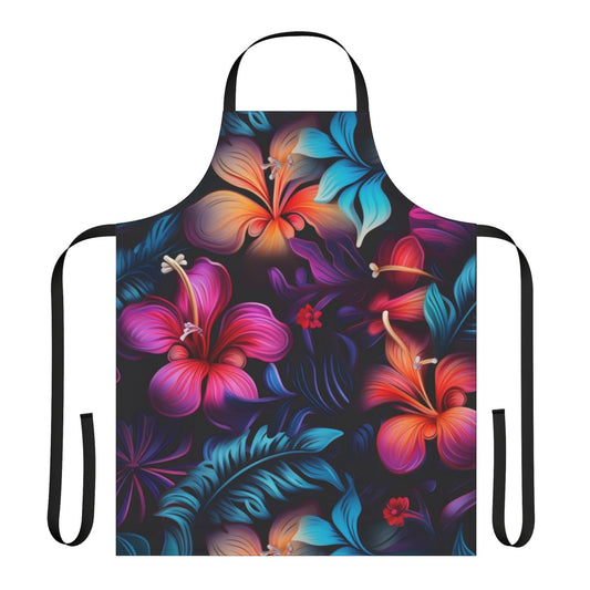 Colorful floral and bioluminescent pattern apron for a tropical vacation or beach house
