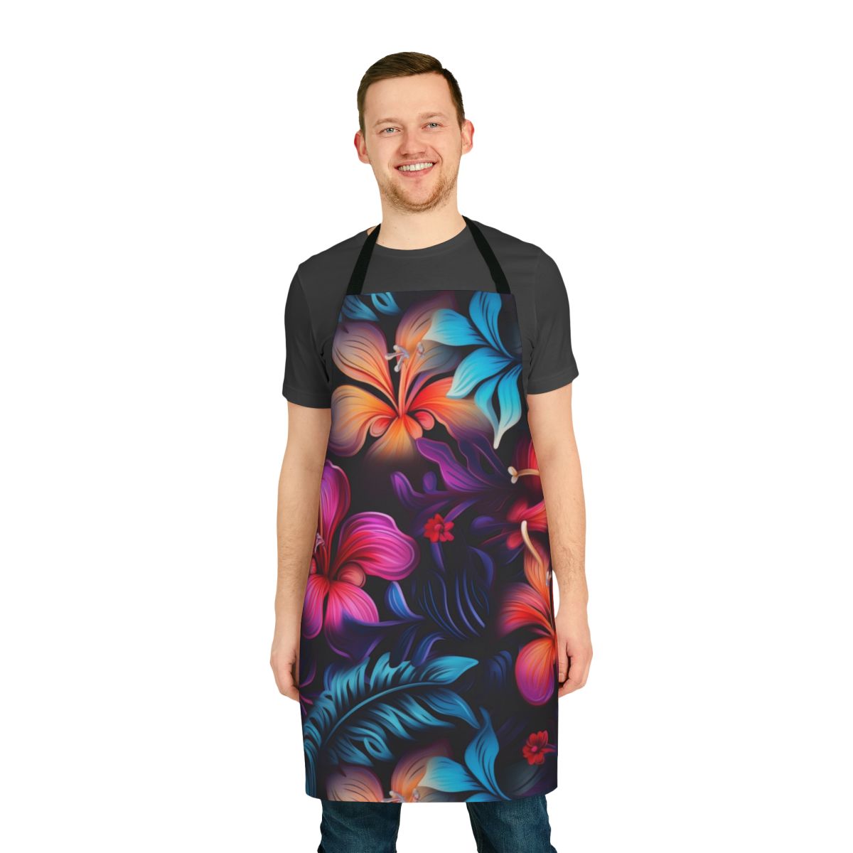 Colorful floral and bioluminescent pattern apron for a tropical vacation or beach house