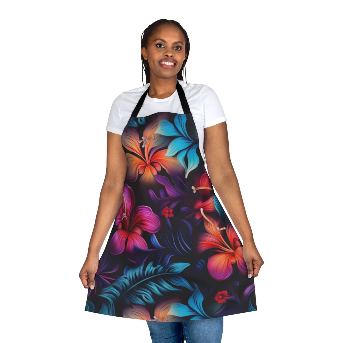 Colorful floral and bioluminescent pattern apron for a tropical vacation or beach house