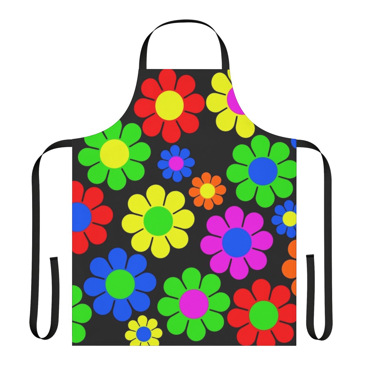 Colorful apron featuring a hippie-inspired daisy flower pattern in retro, vibrant colors.