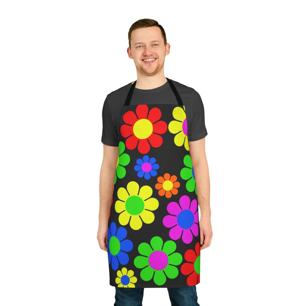 Colorful apron featuring a hippie-inspired daisy flower pattern in retro, vibrant colors.