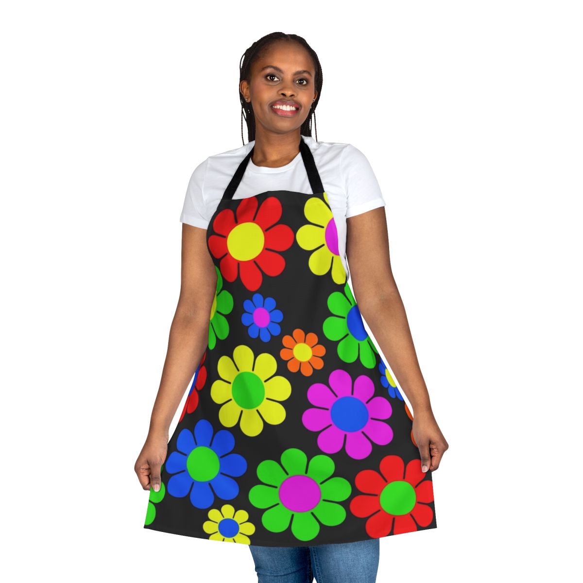 Colorful apron featuring a hippie-inspired daisy flower pattern in retro, vibrant colors.