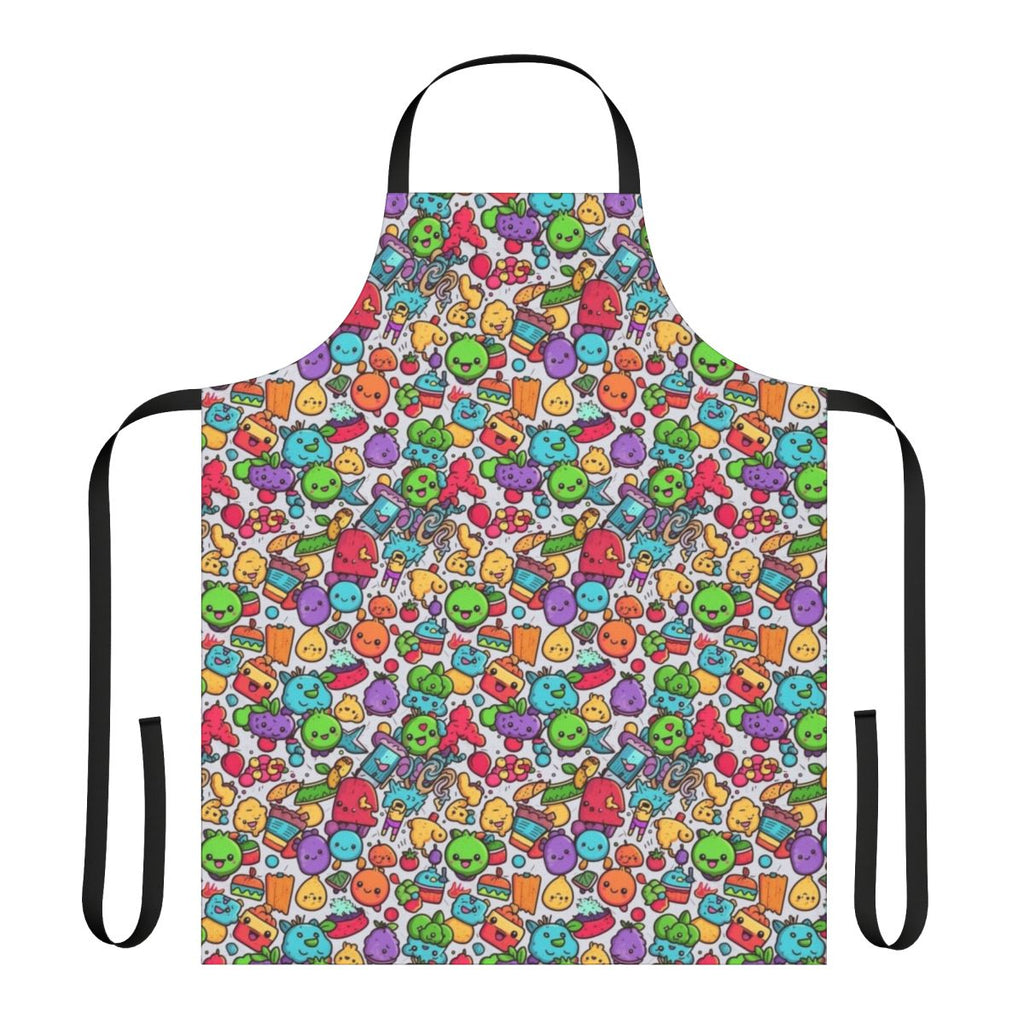 Colorful and playful hobbies apron with cartoon characters and abstract patterns