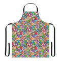 Colorful and playful hobbies apron with cartoon characters and abstract patterns