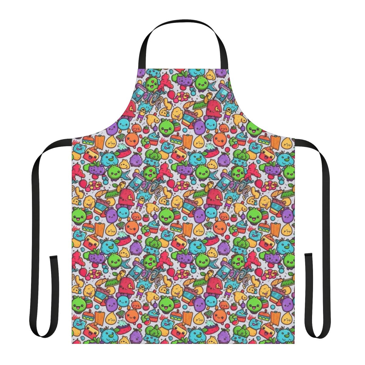 Colorful and playful hobbies apron with cartoon characters and abstract patterns