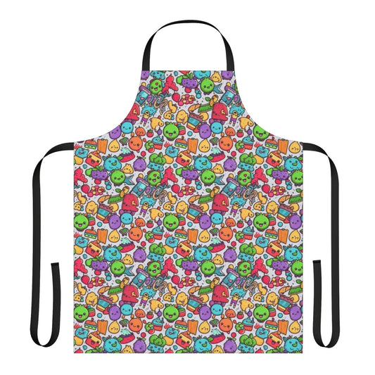 Colorful and playful hobbies apron with cartoon characters and abstract patterns