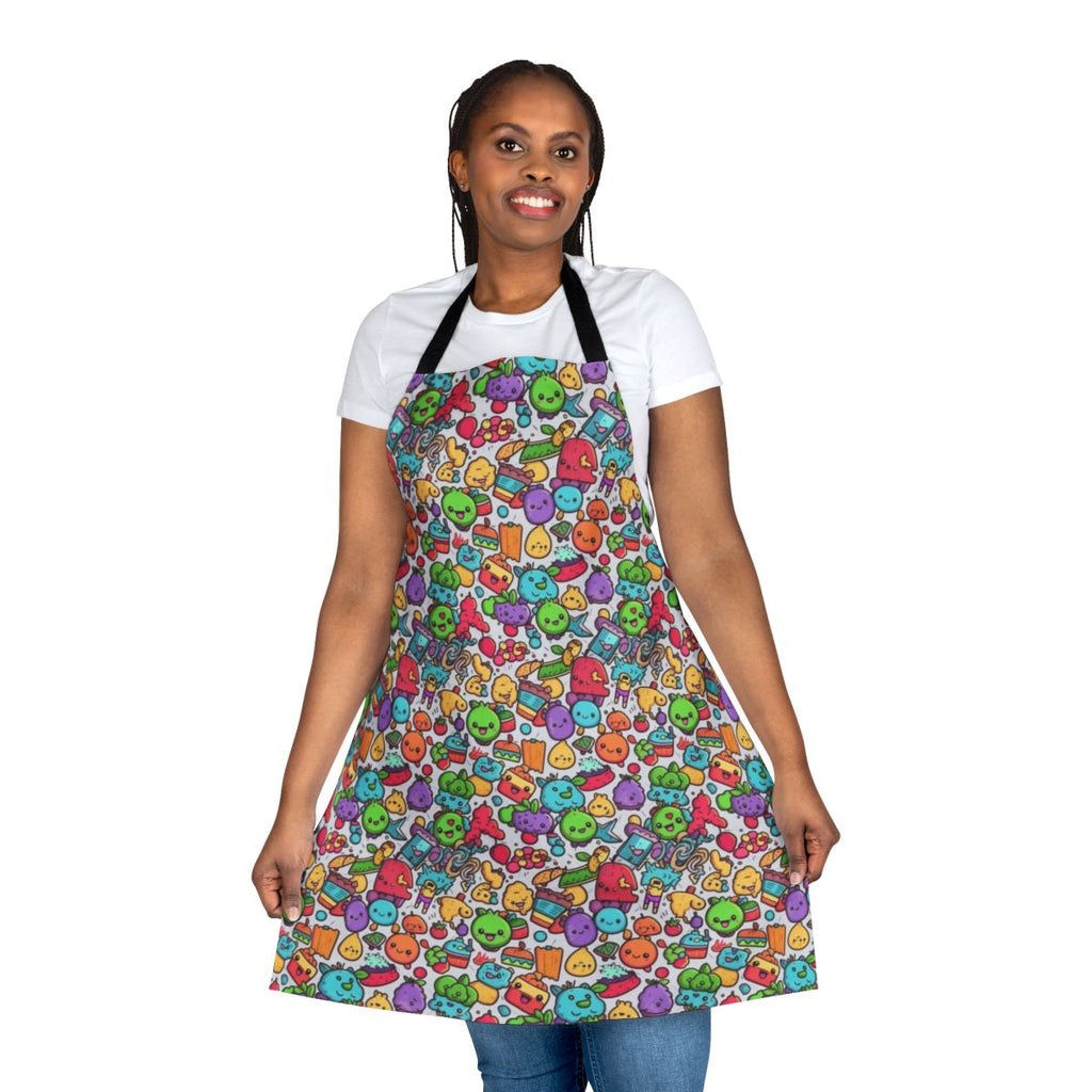 Colorful and playful hobbies apron with cartoon characters and abstract patterns