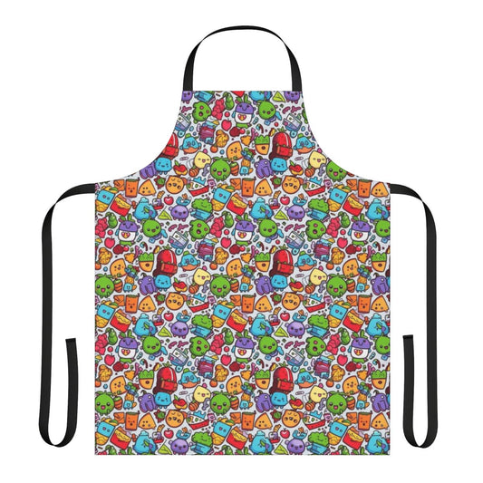 Colorful apron with cartoon animals, fruits, and abstract patterns, perfect for hobbyists