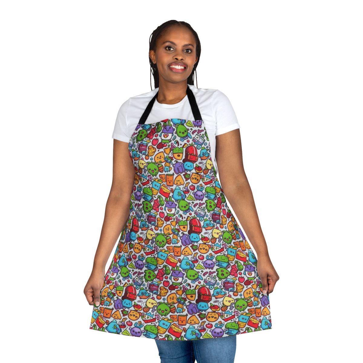 Colorful apron with cartoon animals, fruits, and abstract patterns, perfect for hobbyists