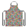 Colorful abstract apron with pineapple, animal, and smiley face graphics for hobby and kitchen activities