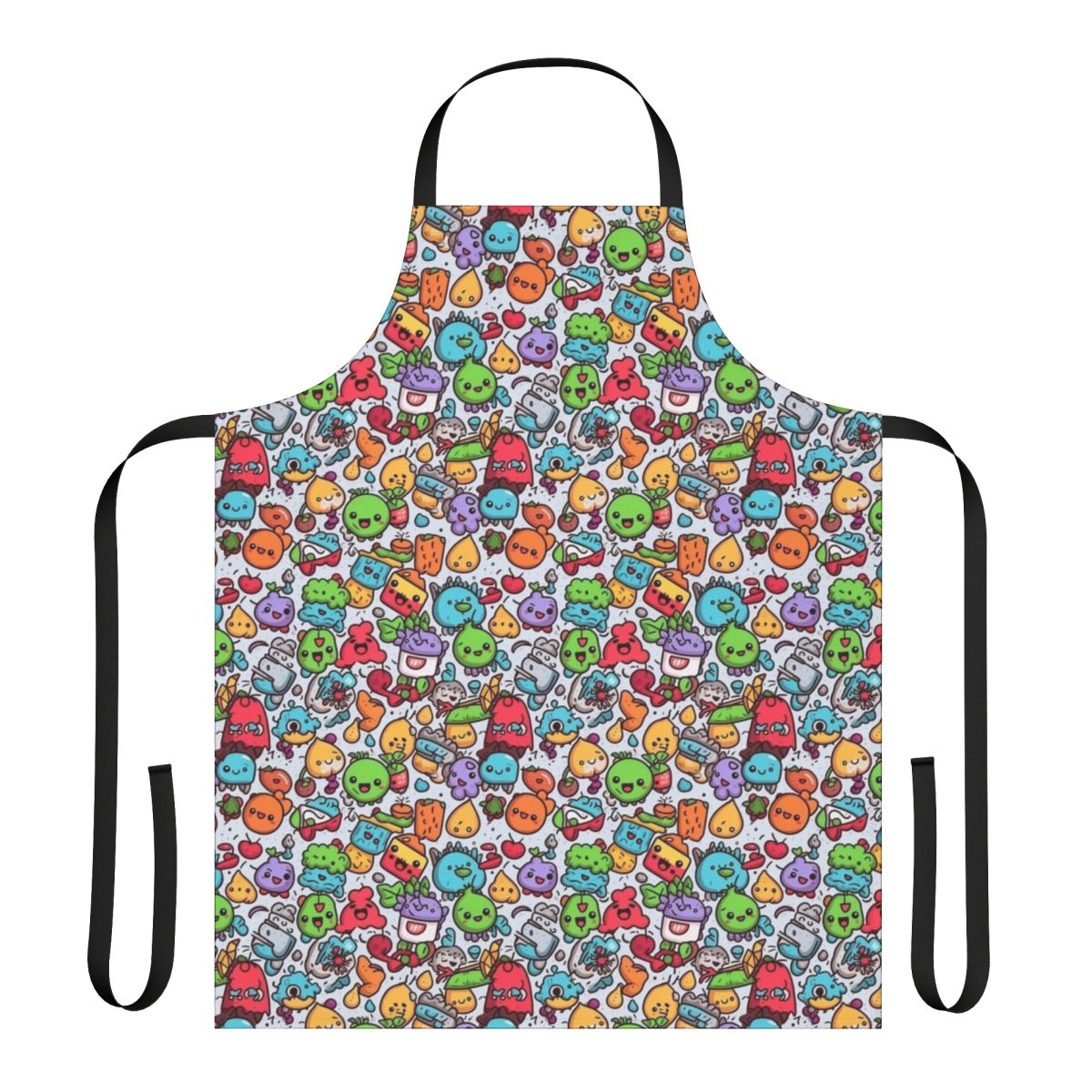 Colorful abstract apron with pineapple, animal, and smiley face graphics for hobby and kitchen activities