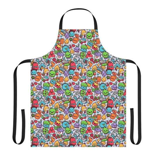 Colorful abstract apron with pineapple, animal, and smiley face graphics for hobby and kitchen activities