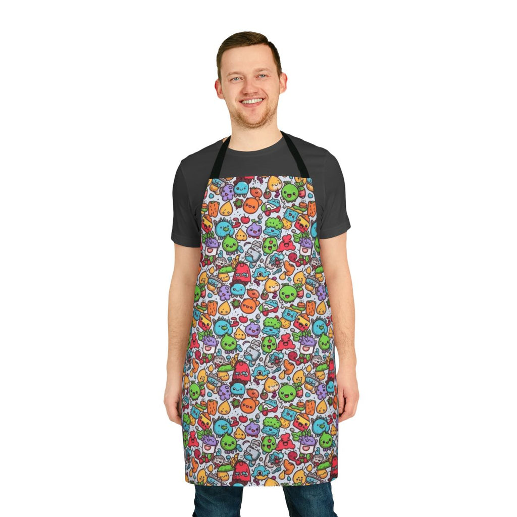 Colorful abstract apron with pineapple, animal, and smiley face graphics for hobby and kitchen activities