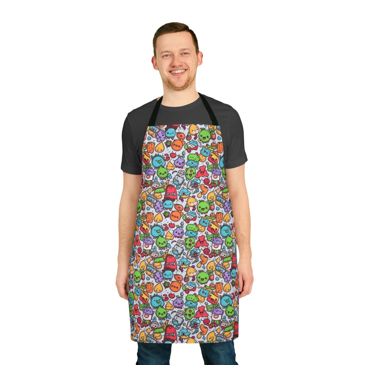 Colorful abstract apron with pineapple, animal, and smiley face graphics for hobby and kitchen activities