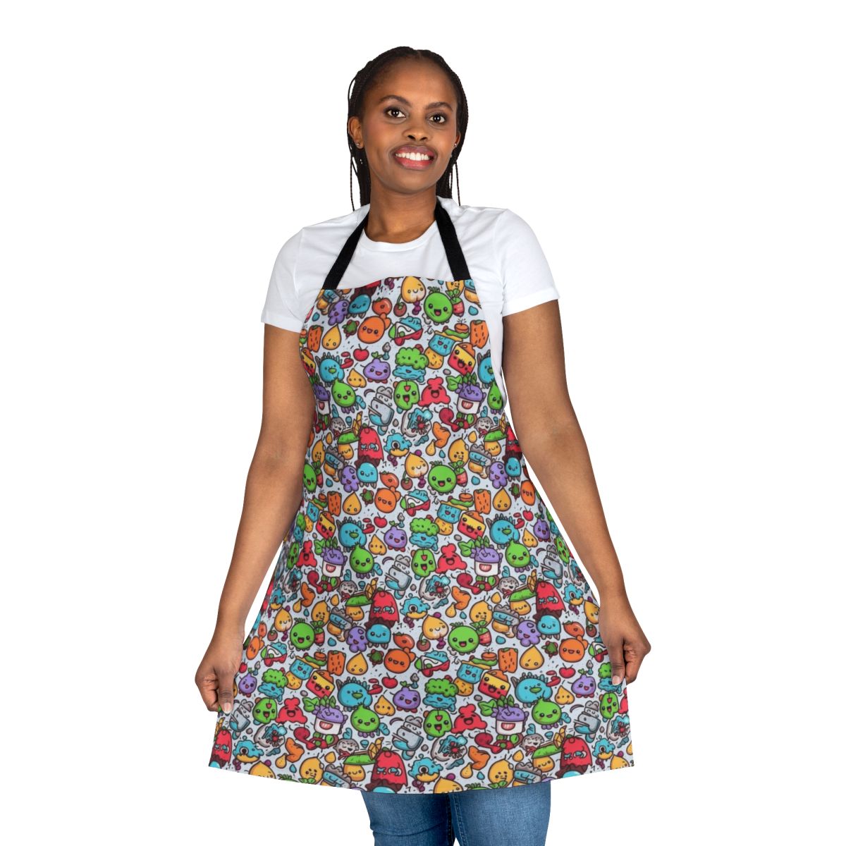 Colorful abstract apron with pineapple, animal, and smiley face graphics for hobby and kitchen activities