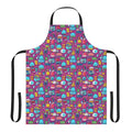 Colorful and playful apron featuring a mix of cartoon animals and fruit on a modern abstract pattern