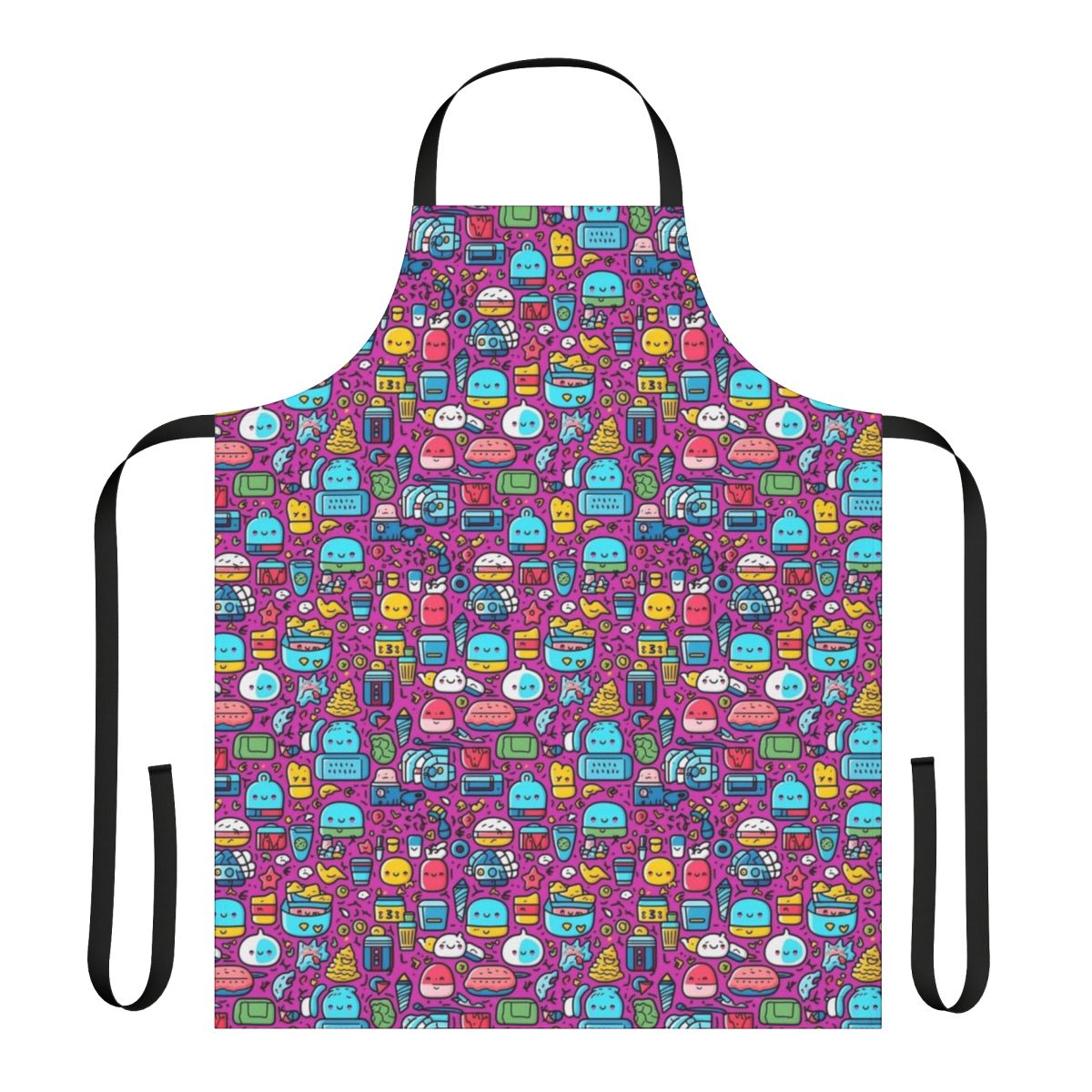Colorful and playful apron featuring a mix of cartoon animals and fruit on a modern abstract pattern