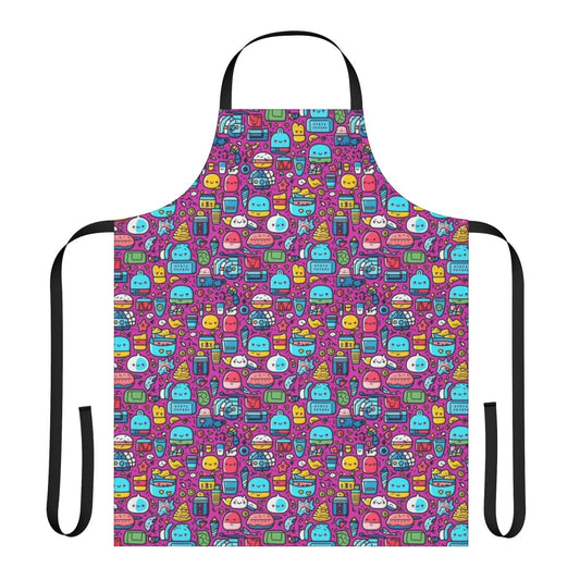 Colorful and playful apron featuring a mix of cartoon animals and fruit on a modern abstract pattern