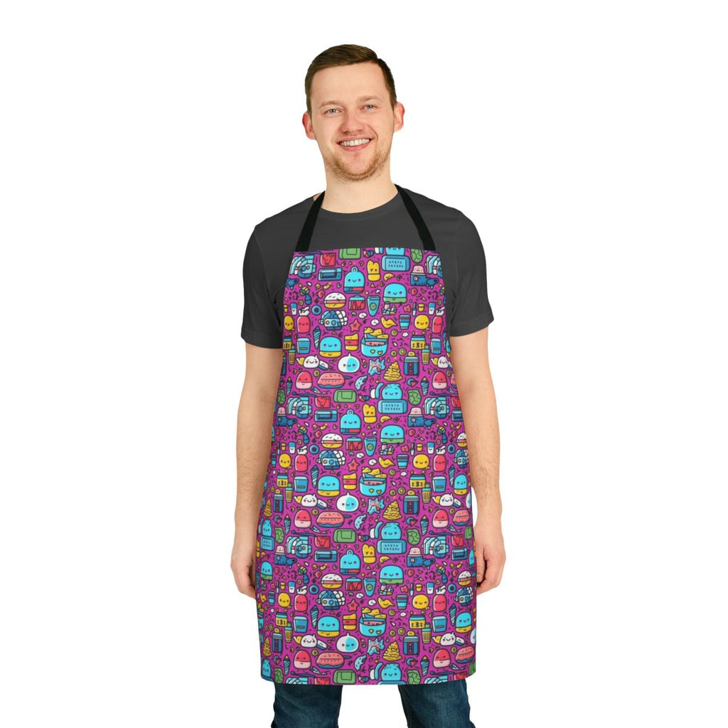 Colorful and playful apron featuring a mix of cartoon animals and fruit on a modern abstract pattern