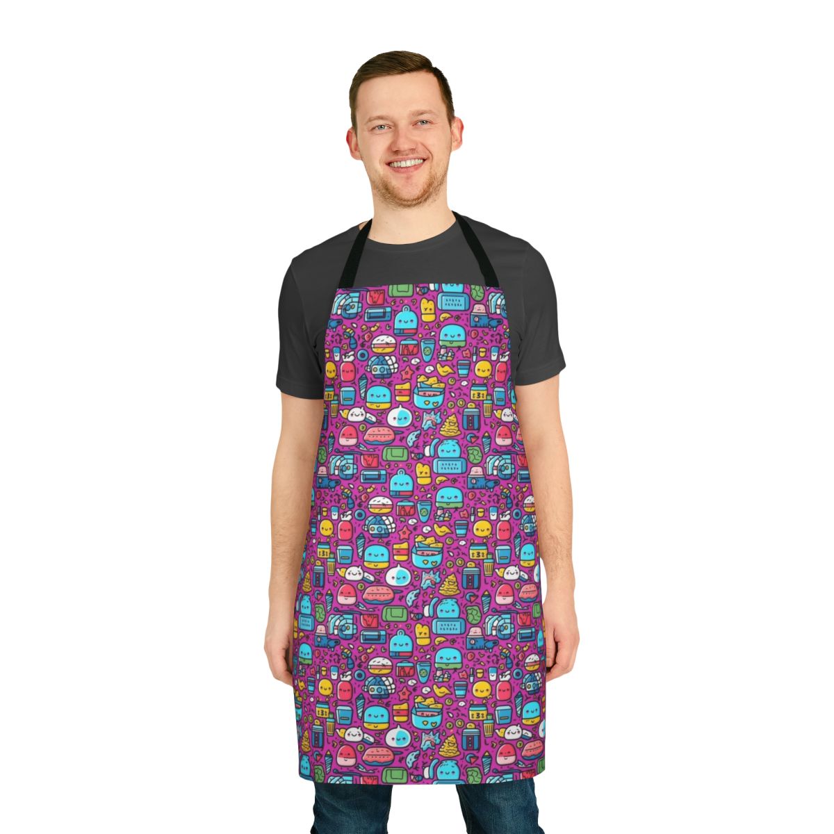 Colorful and playful apron featuring a mix of cartoon animals and fruit on a modern abstract pattern