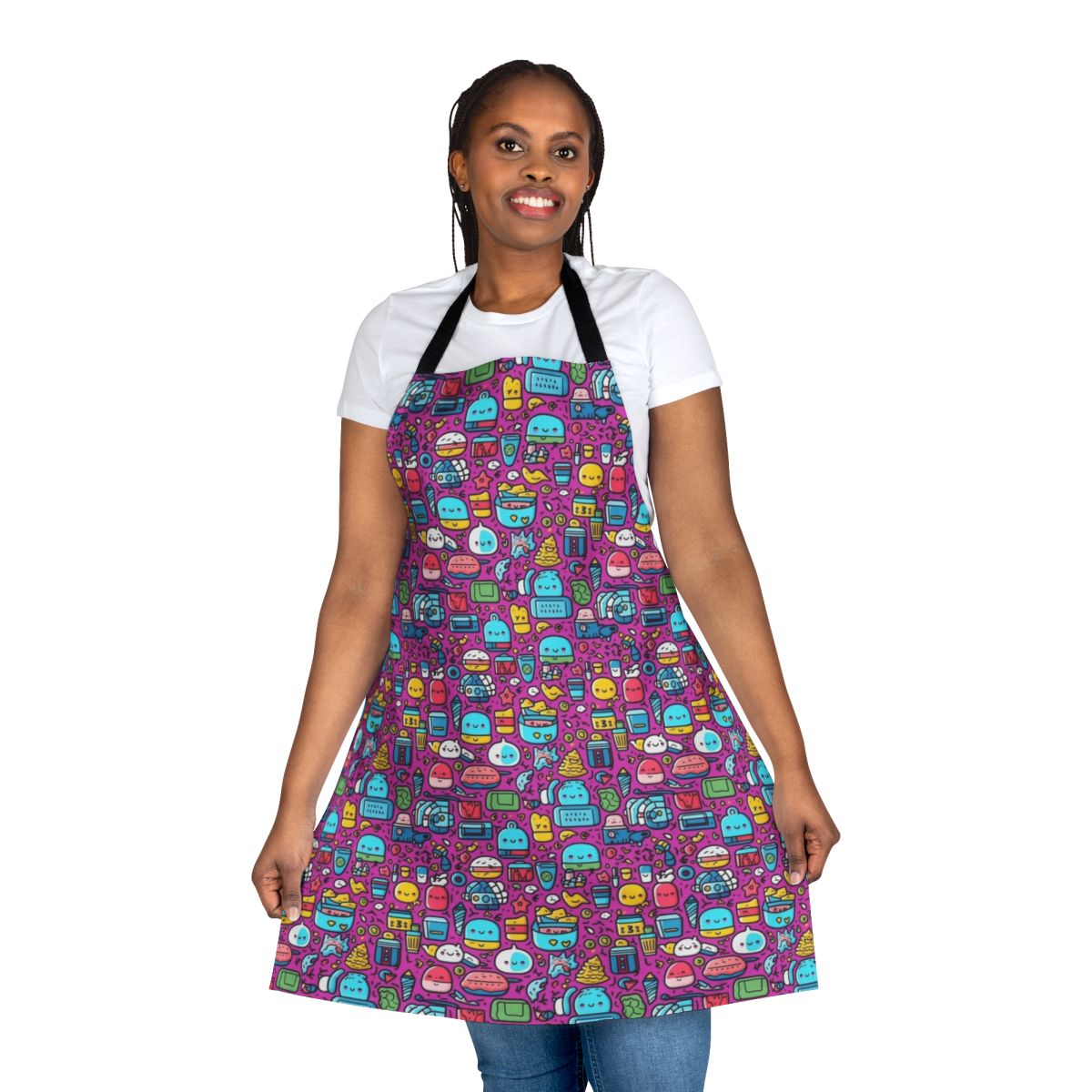 Colorful and playful apron featuring a mix of cartoon animals and fruit on a modern abstract pattern