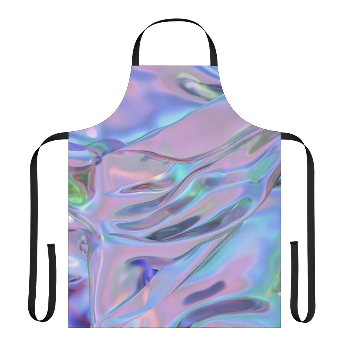 A colorful holographic apron featuring an abstract graphic design with plants, palms, and a pastel color palette.