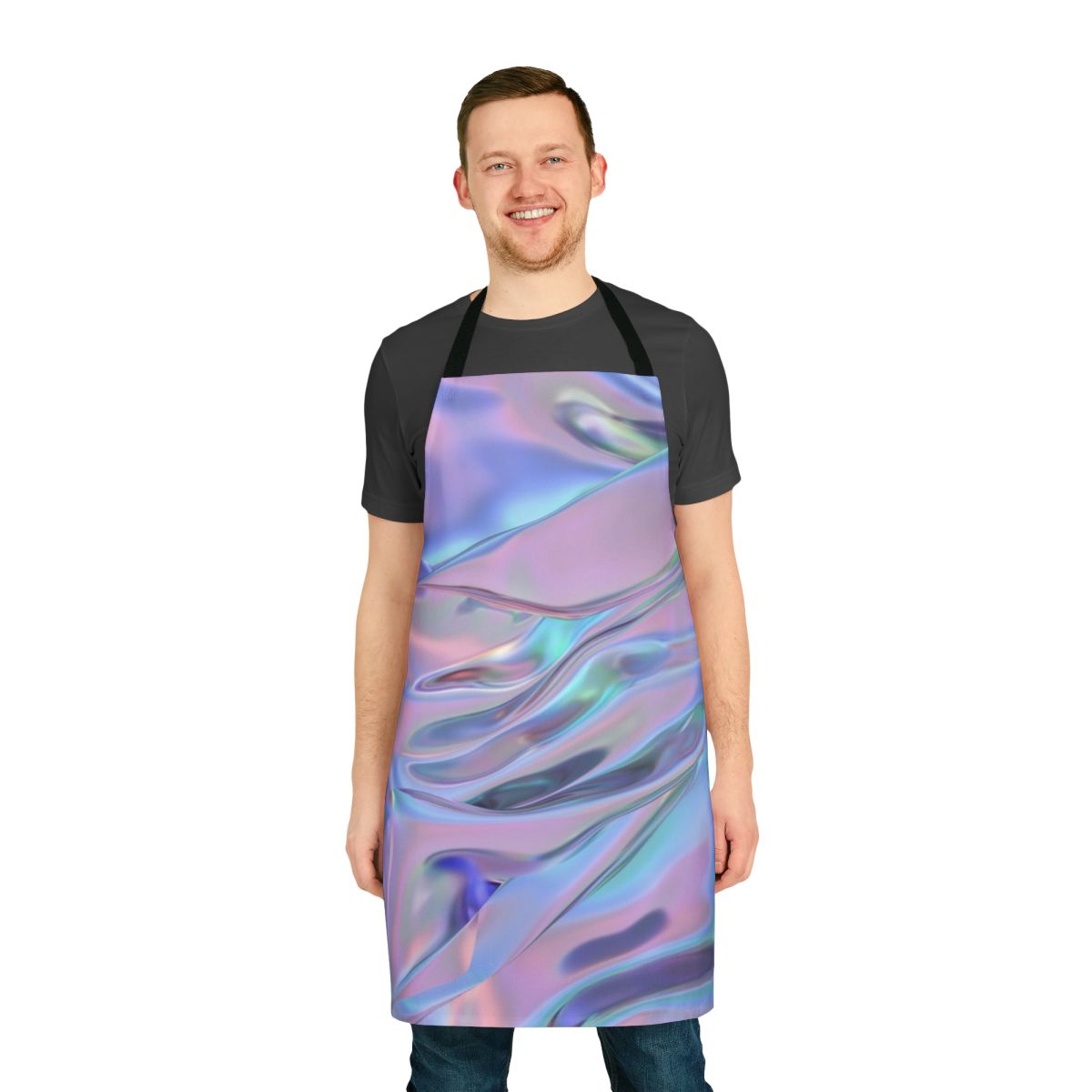 A colorful holographic apron featuring an abstract graphic design with plants, palms, and a pastel color palette.