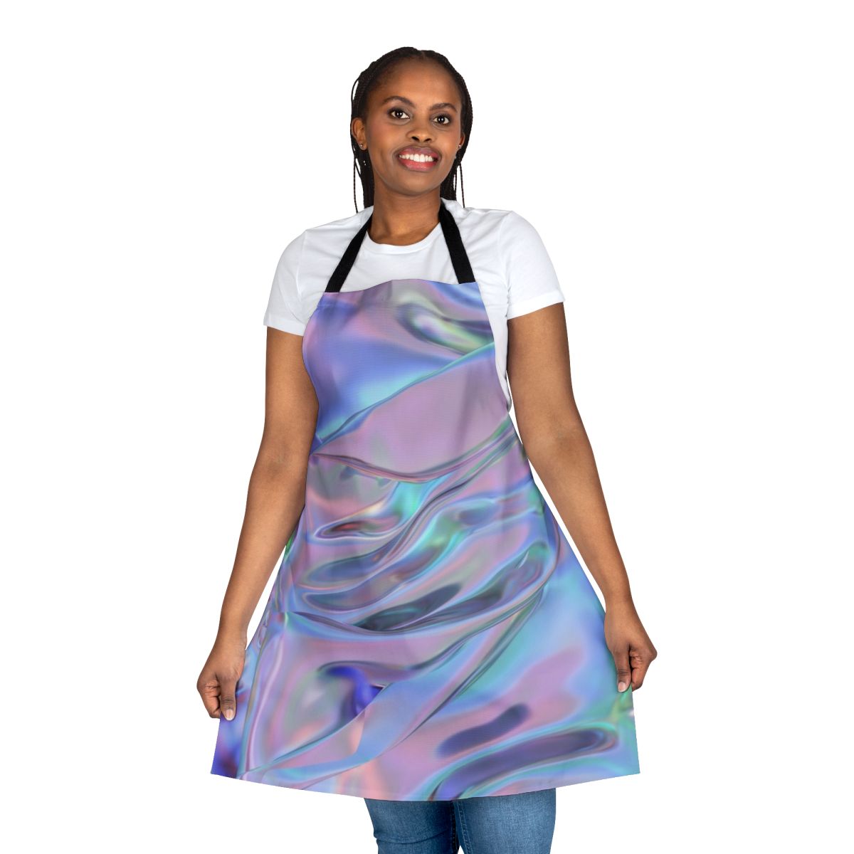 A colorful holographic apron featuring an abstract graphic design with plants, palms, and a pastel color palette.