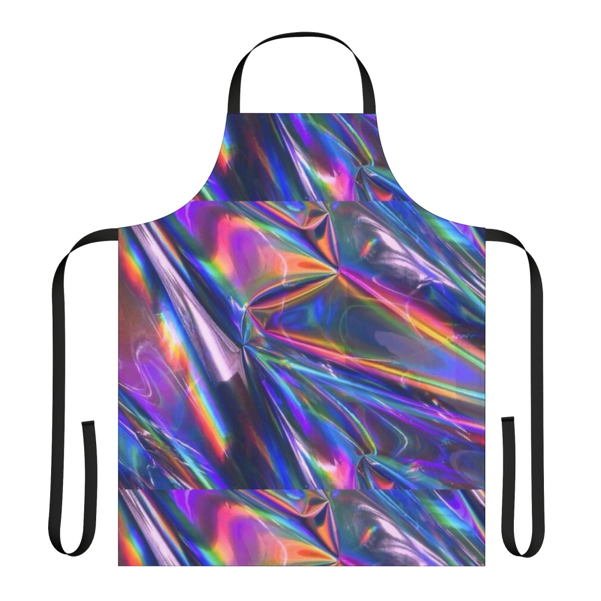 Holographic material apron with a shimmering, rainbow-like shine