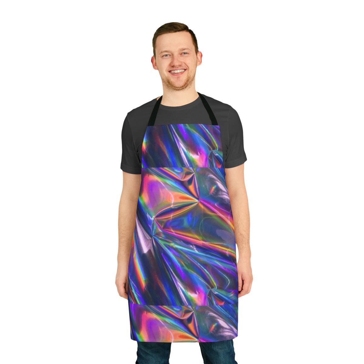 Holographic material apron with a shimmering, rainbow-like shine