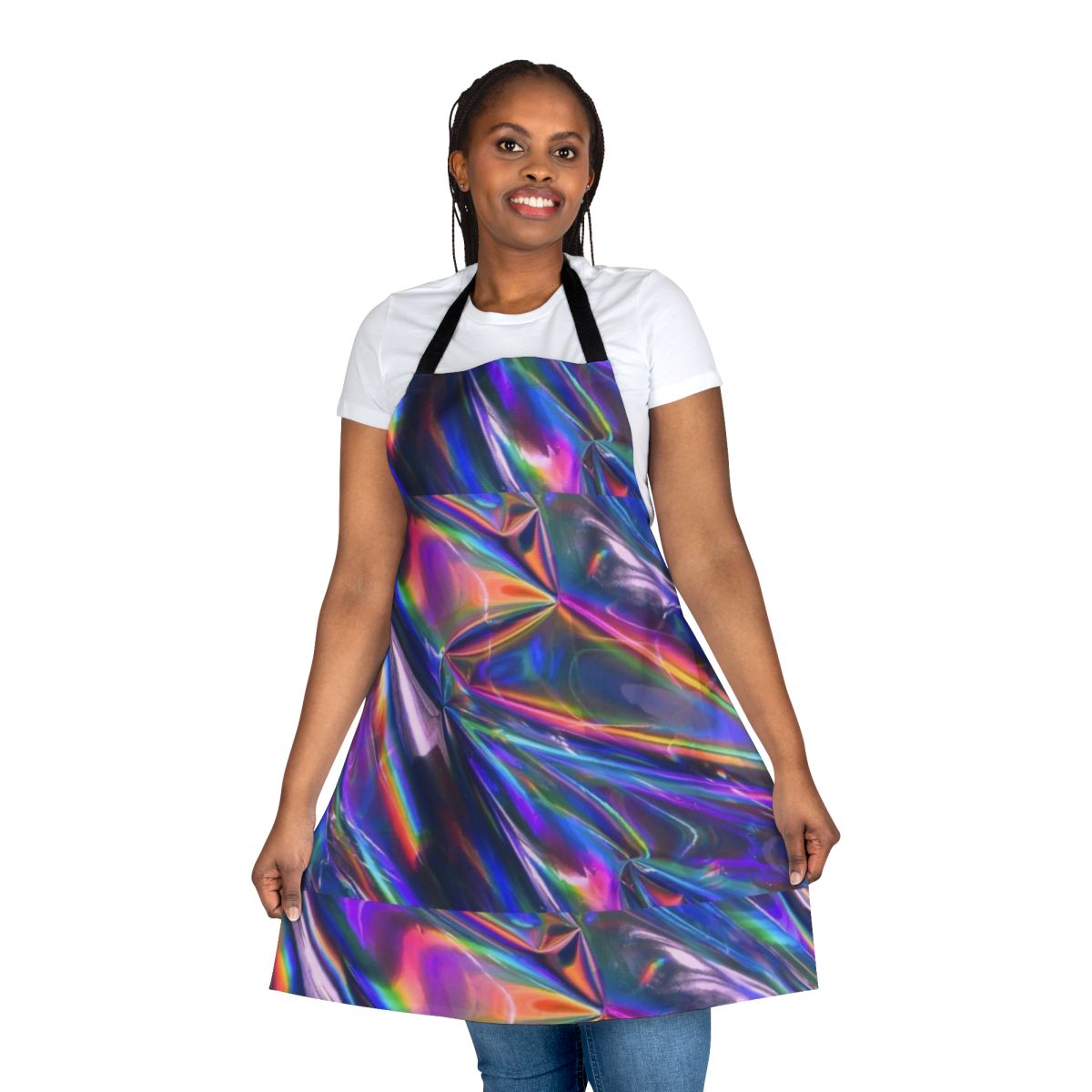 Holographic material apron with a shimmering, rainbow-like shine