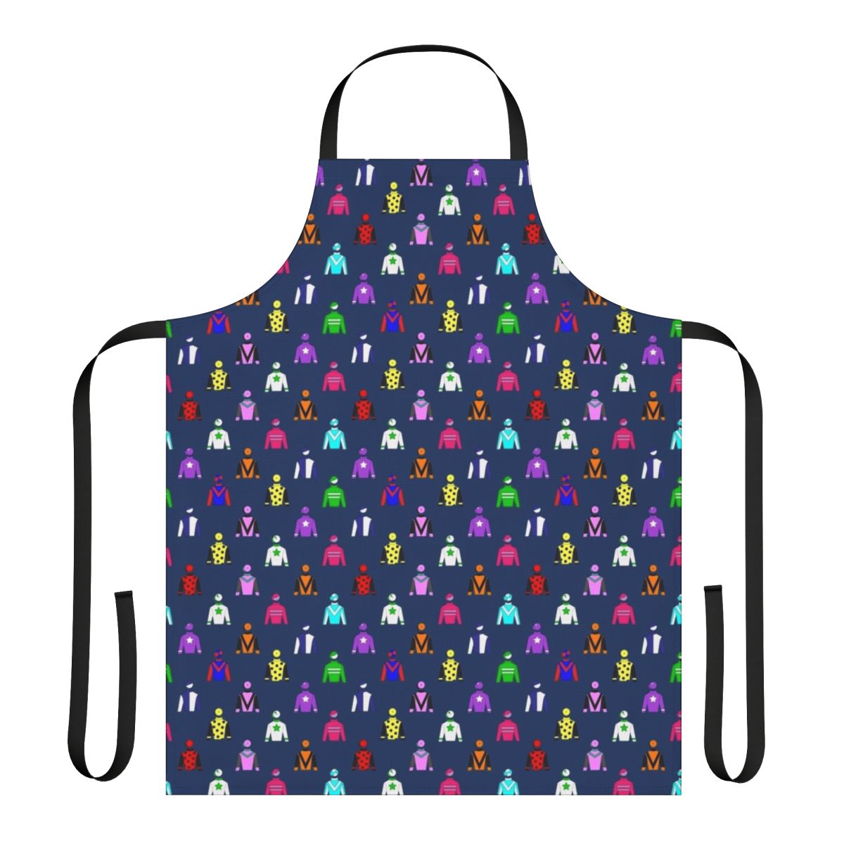 Colourful horse racing jockey silks pattern on navy blue background with focus on equestrian sports betting