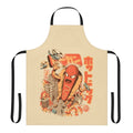 Colorful apron featuring a giant angry hot dog cartoon character in a retro Japanese anime style