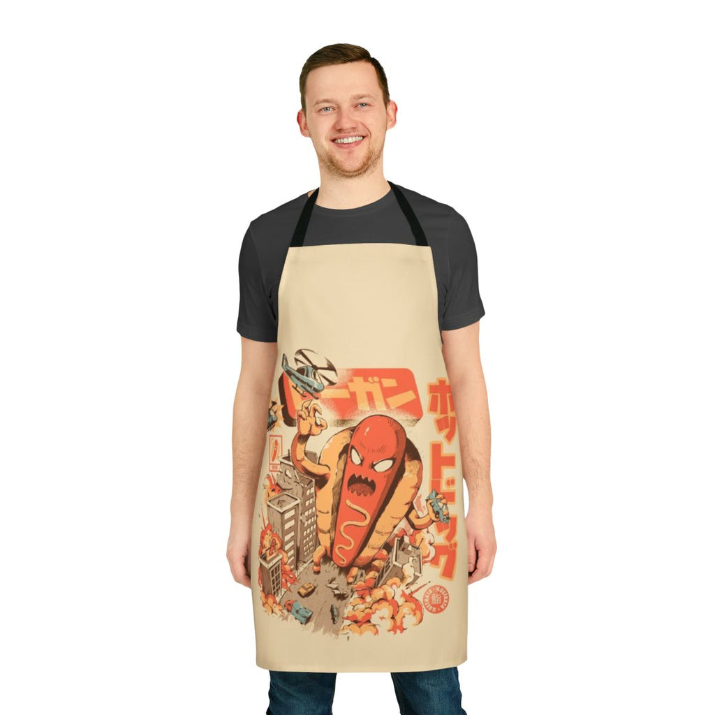 Colorful apron featuring a giant angry hot dog cartoon character in a retro Japanese anime style