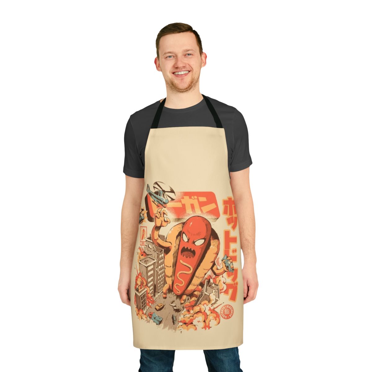 Colorful apron featuring a giant angry hot dog cartoon character in a retro Japanese anime style