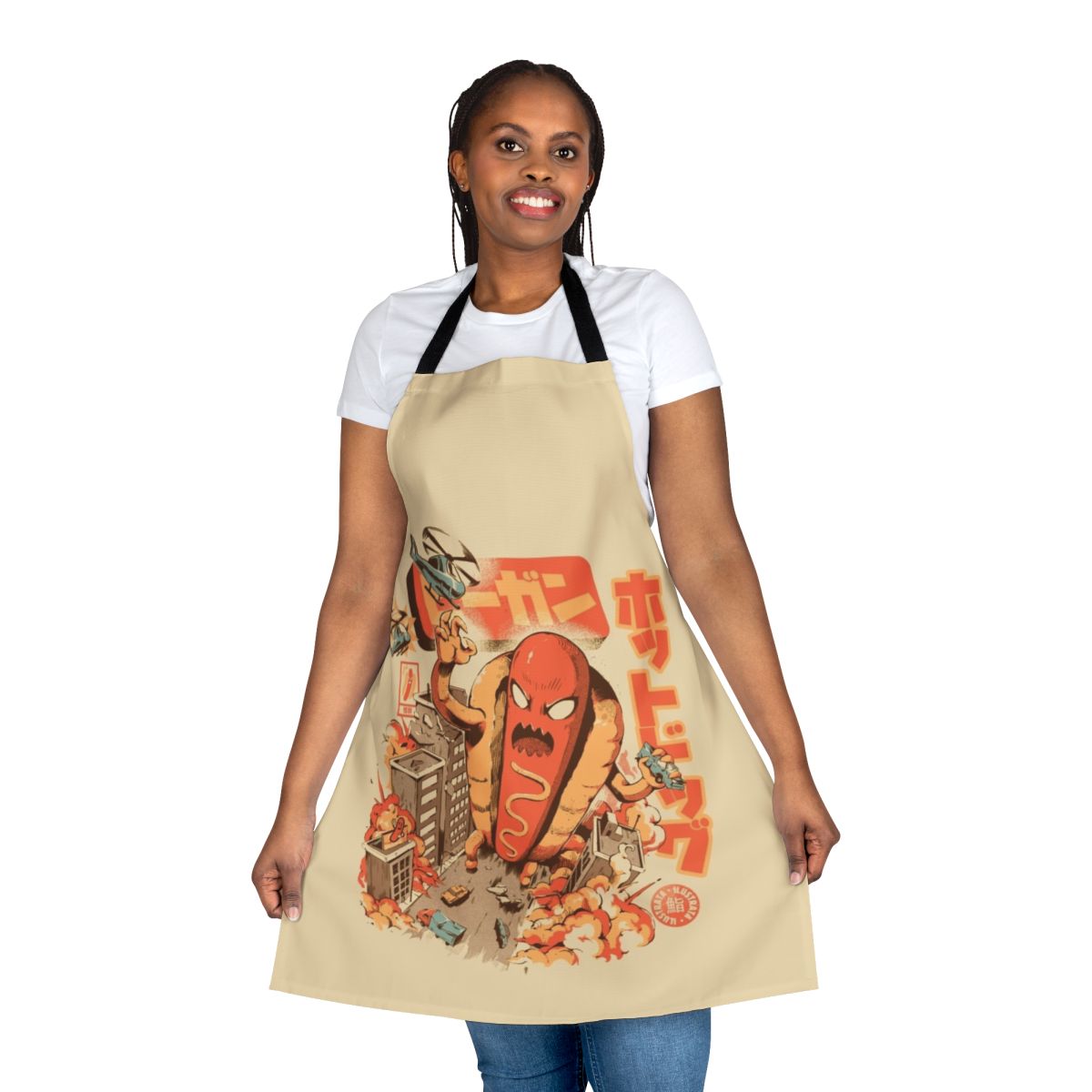 Colorful apron featuring a giant angry hot dog cartoon character in a retro Japanese anime style