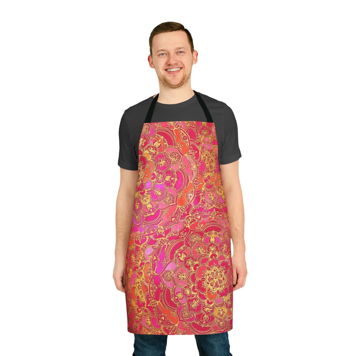Stunning hot pink and gold floral and baroque pattern apron